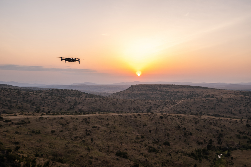 drone flying hills with beautiful sunset kenya nairobi samburu